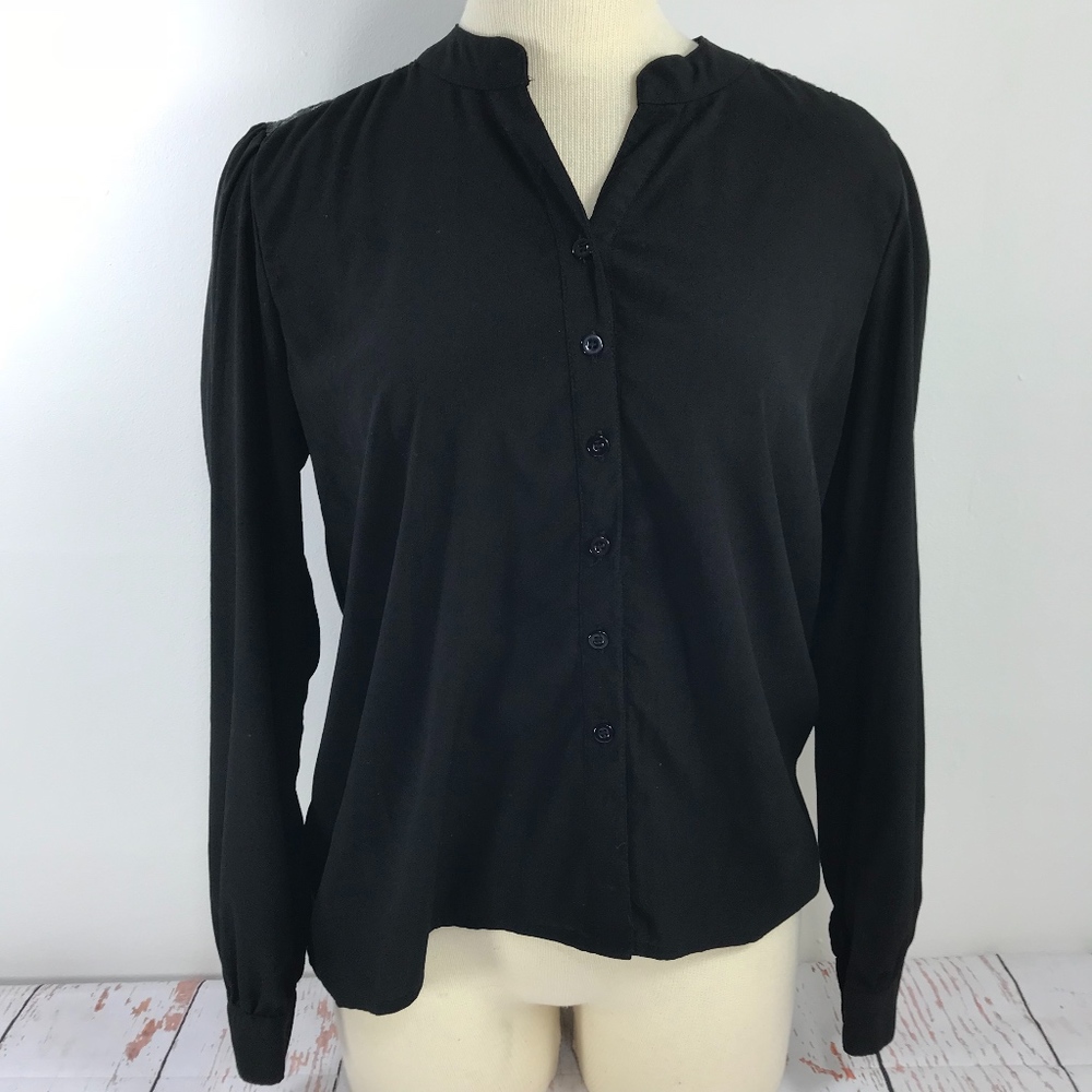 Black Silk Like Button Down Lace Shoulder Back